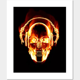 Red Hot Jam Session - Fiery Skull + headphones Posters and Art